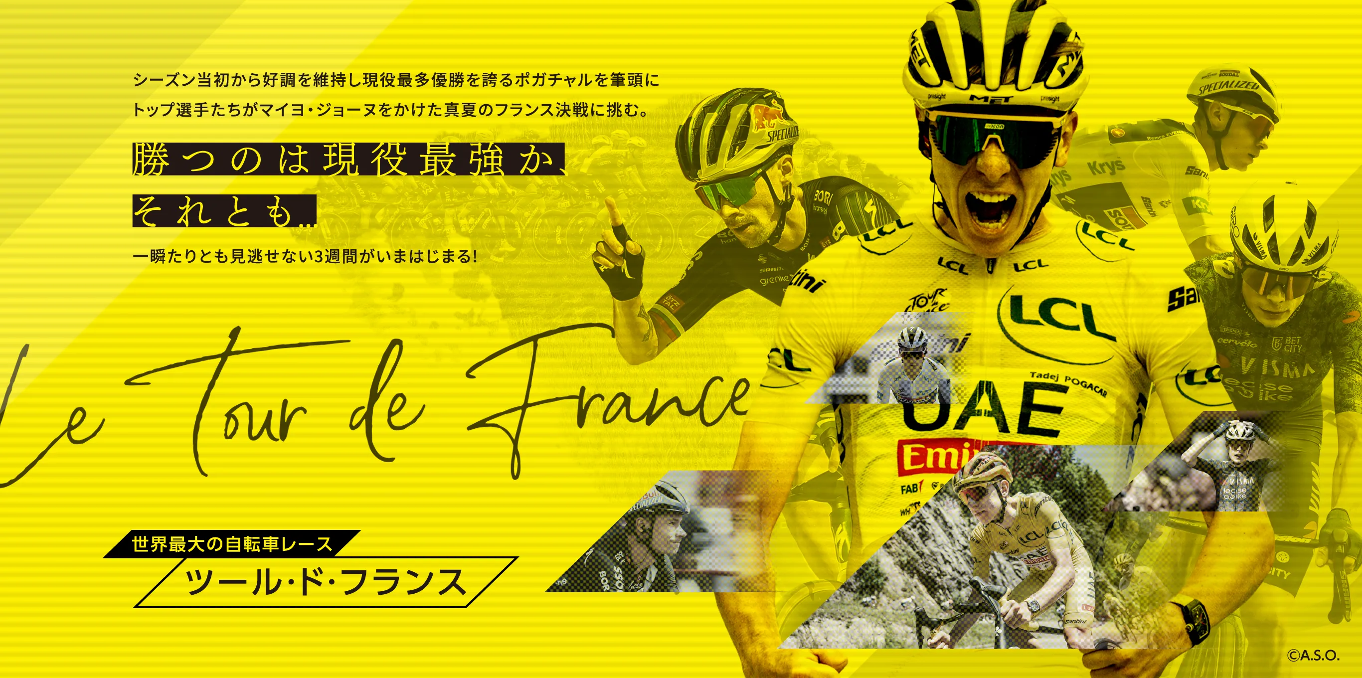 世界最大の自転車レース ツール・ド・フランス シーズン当初から好調を維持し現役最多優勝を誇るポガチャルを筆頭にトップ選手たちがマイヨ・ジョーヌをかけた真夏のフランス決戦に挑む。勝つのは現役最強か、それとも...一瞬たりとも見逃せない3週間がいまはじまる!