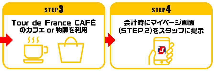 グッズの受け取り方 STEP3 Tour de FranceCAFÉのカフェor物販を利用 ～ STEP4 会計時にマイページ画面（STEP 2）をスタッフに提示