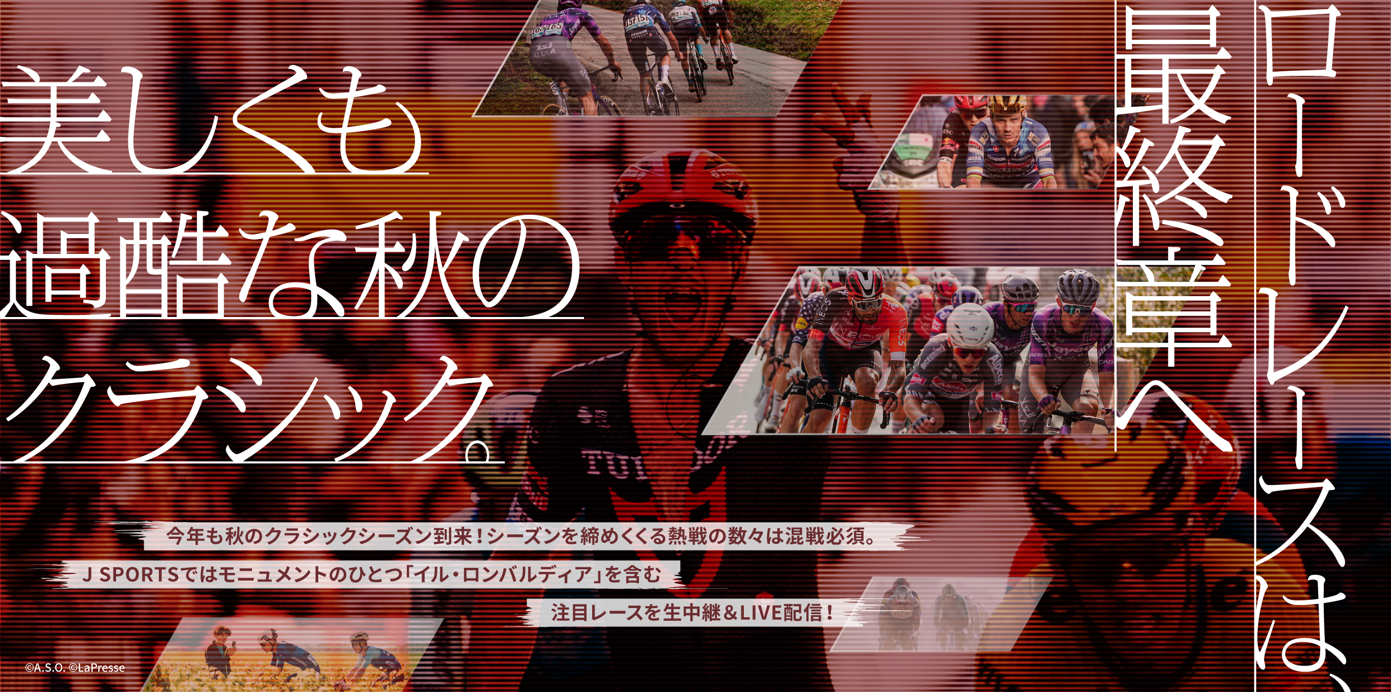 ロードレースは、最終章へ | 美しくも過酷な秋のクラシック。 | 今年も秋のクラシックシーズン到来！シーズンを締めくくる熱戦の数々は混戦必須。J SPORTSではモニュメントのひとつ「イル・ロンバルディア」を含む注目レースを生中継＆LIVE配信！
